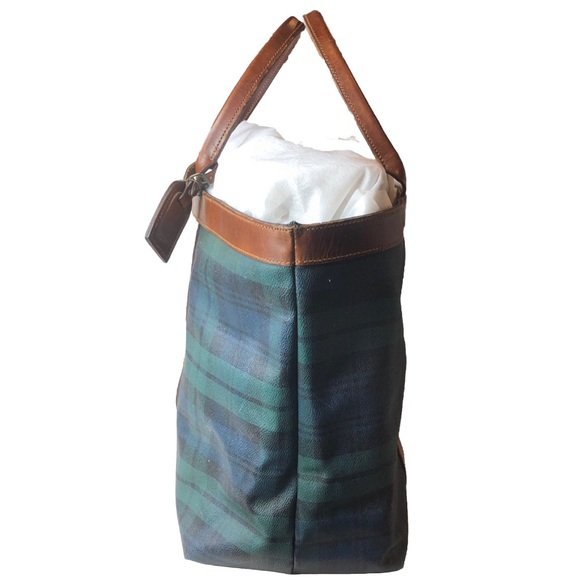 MRALPH LAUREN Black Watch Plaid Oversized Coated Canvas Brown Leather Travel Bag - Picture 6 of 16